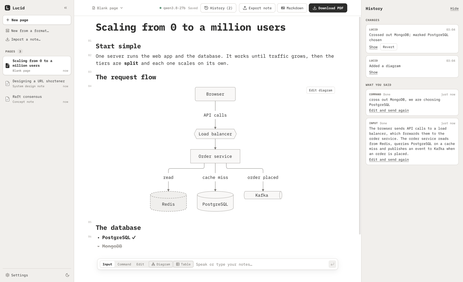 The Lucid window: a page of notes with a diagram, the list of changes on the right and the input box at the bottom
